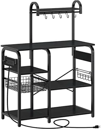

with Power Outlet, Coffee Bar with Pull Basket, Microwave Stand, 6-Tier Kitchen Storage with 13 Hooks, Freestanding Utility Sta