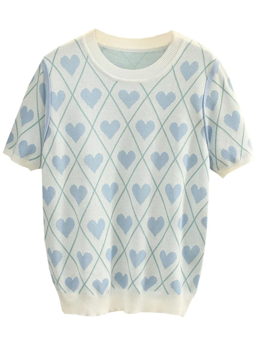 

Plus Size T-Shirt For Women Ice Knitted 2022 Summer Tees Casual Short Sleeve O-Neck Loving Heart Slim Tops