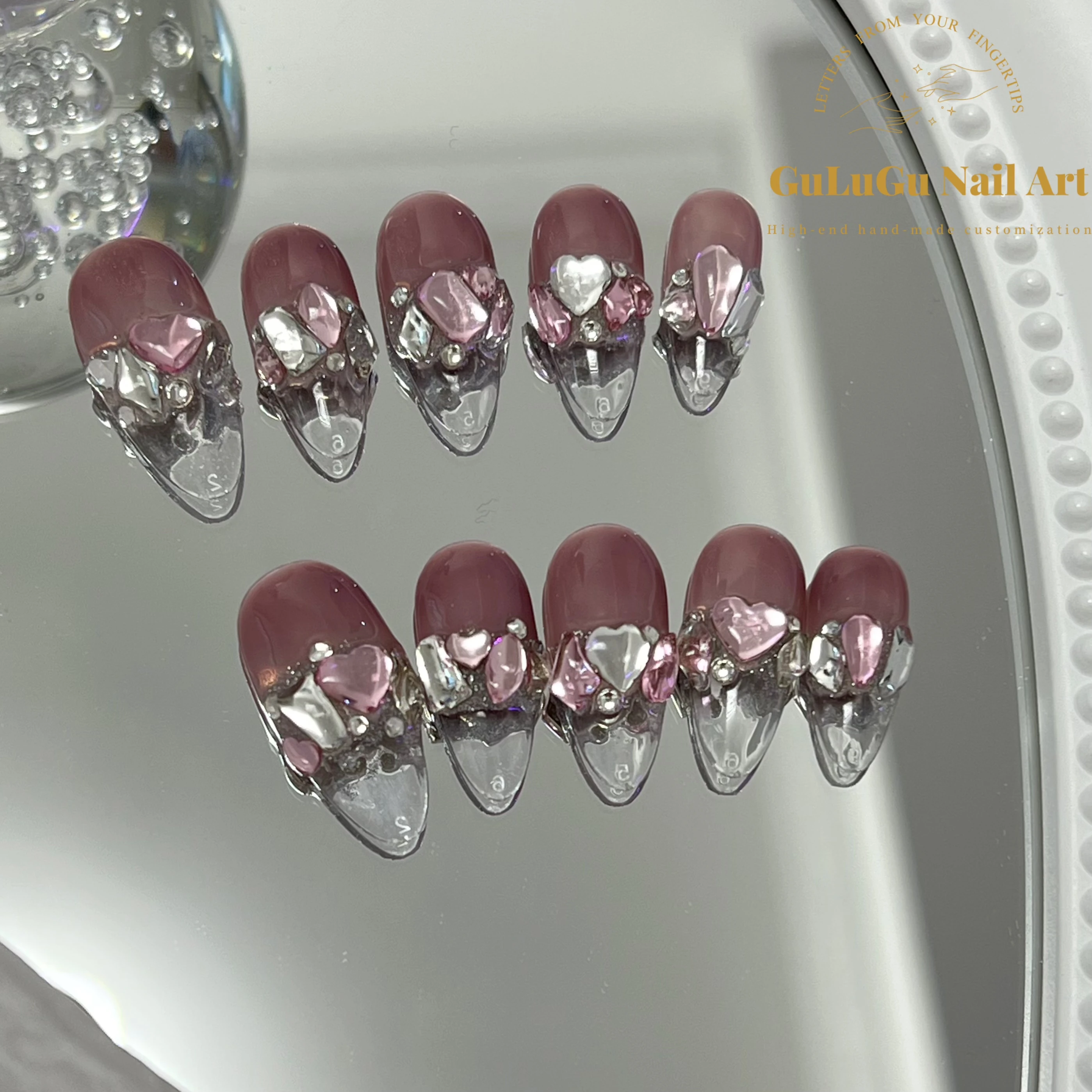 New high-end handmade unique design custom translucent French pink love diamond temperament female removable fake nail