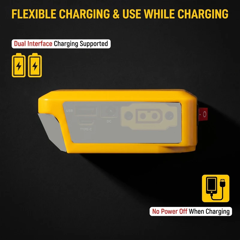 Фото Адаптер питания Dewalt 20V с портами USB Type-C и DC для мобильных телефонов, повербанков, инструментов постоянного тока, светодиодных фонарей, DIY-проектов и радиоуправляемых моделей №3