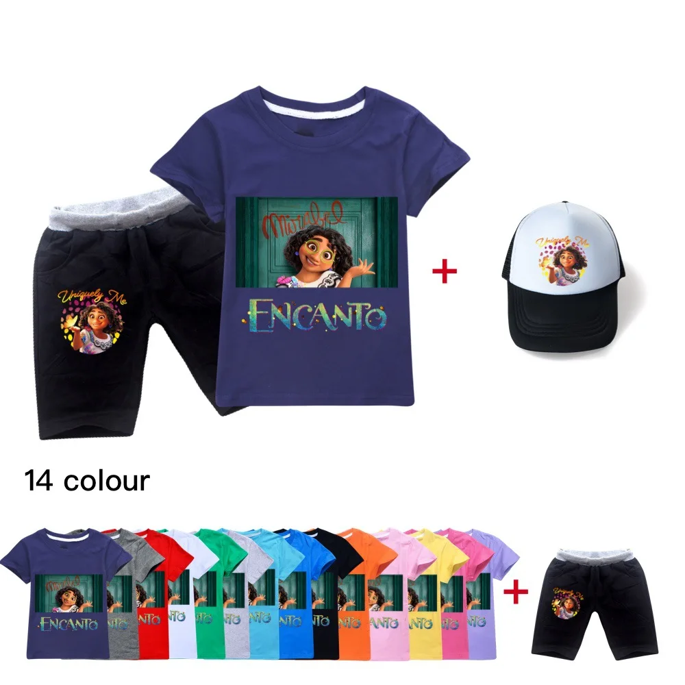 

2022 New Disney Encanto Cartoon Boys and Girls Cotton Round Neck Short Sleeve T-Shirt + Shorts + Hat Children's Suit 2-16Y