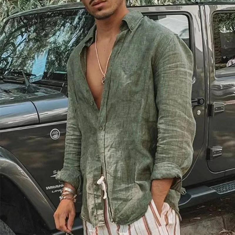 

Мужская хлопковая рубашка, однотонная, летняя, с воротником-стойкой