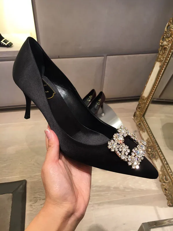 

HKXN 2021 New Silver Black Women Bridal Wedding Shoes Faux Silk Satin Rhinestone Crystal Shallow Pumps Stiletto High Heel