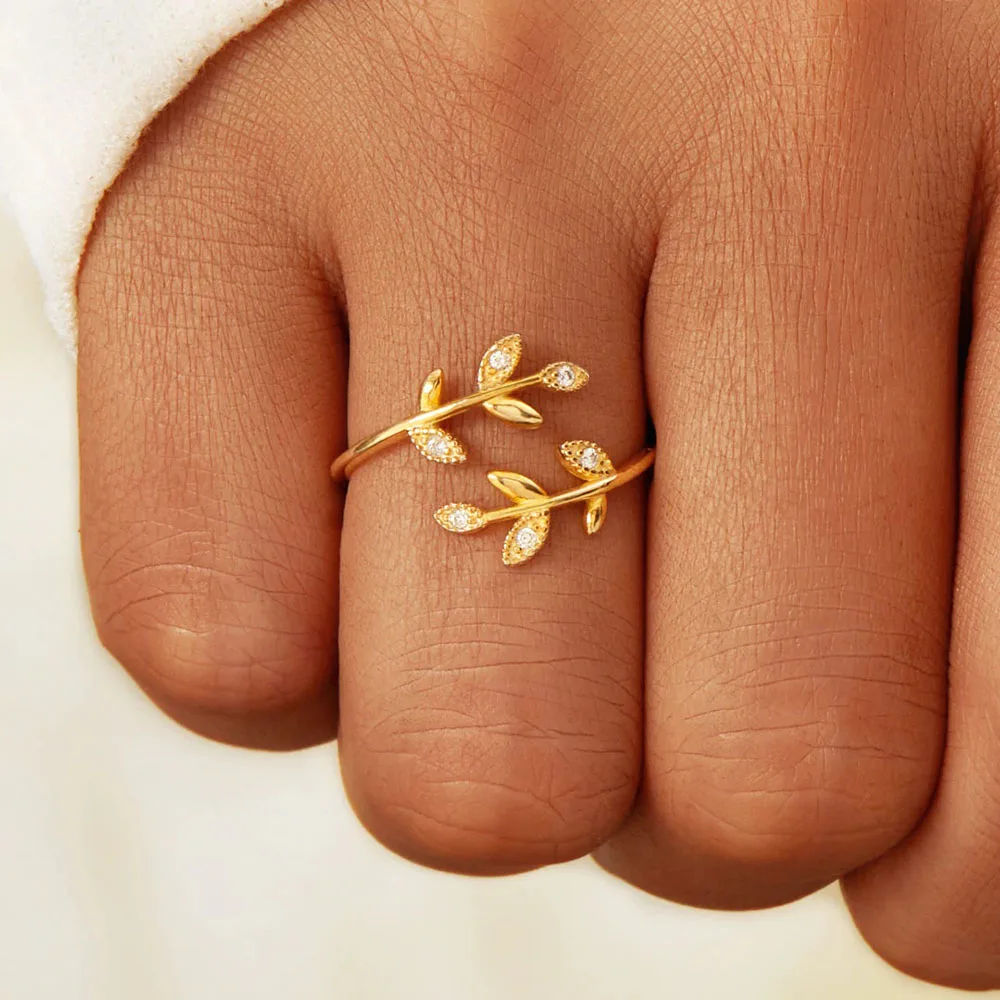 

BALMORA S925 Sterling Silver Creative Plant Leaf Finger Ring For Women Gril Elegant Rhinestone Cross Leaf Open Anillos Jewelry