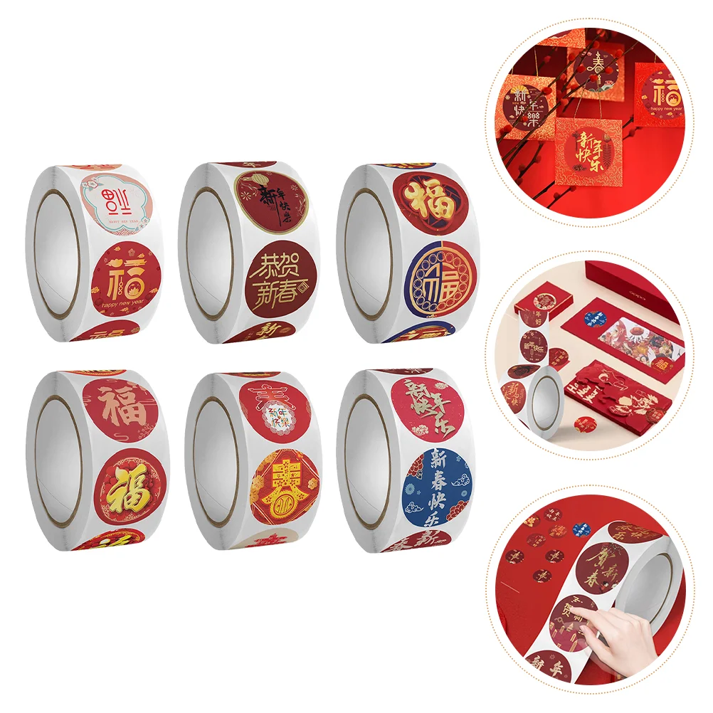 

6 Rolls New Year Stickers Labels Decals Decor for Holiday Cards Envelopes Boxes