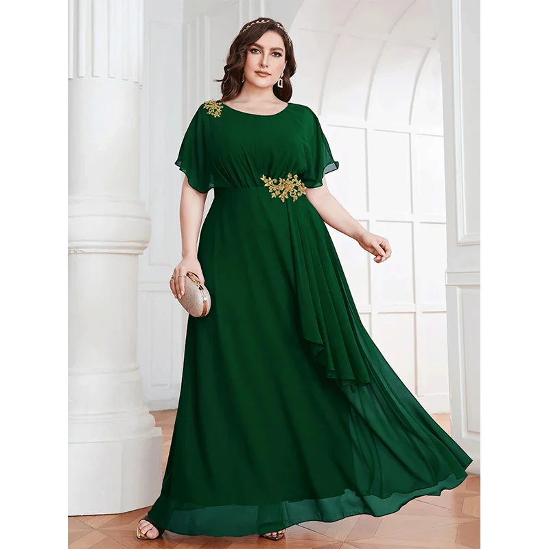 Plus Size Women Summer Chiffon Round Neck Luxury Dress 4XL5XL Fashion Rose Red Slim Lotus Leaf Hem Plus Size Evening Dresses