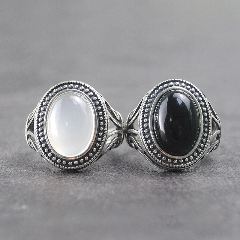 

Natural Black Agate Chalcedony Opening Adjustable Ring Original Designer Craft Hollow Charm Women Thai Silver Brand Jewelry
