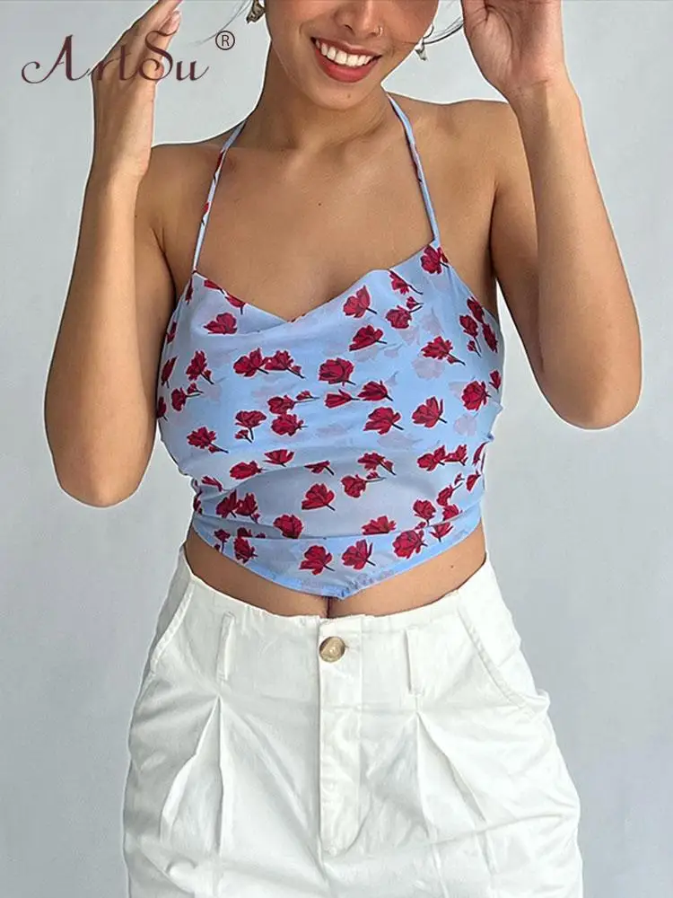 

ArtSu Boho Floral Print Backless Top Crop Women Sleeveless Bandage Summer 2022 Y2K Casual Tank Tops Sexy Beach Cami ANDYVE590