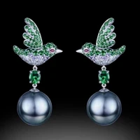 exquisite silver color bird earrings metal inlaid green natural stone drop earrings for women retro engagement jewelry