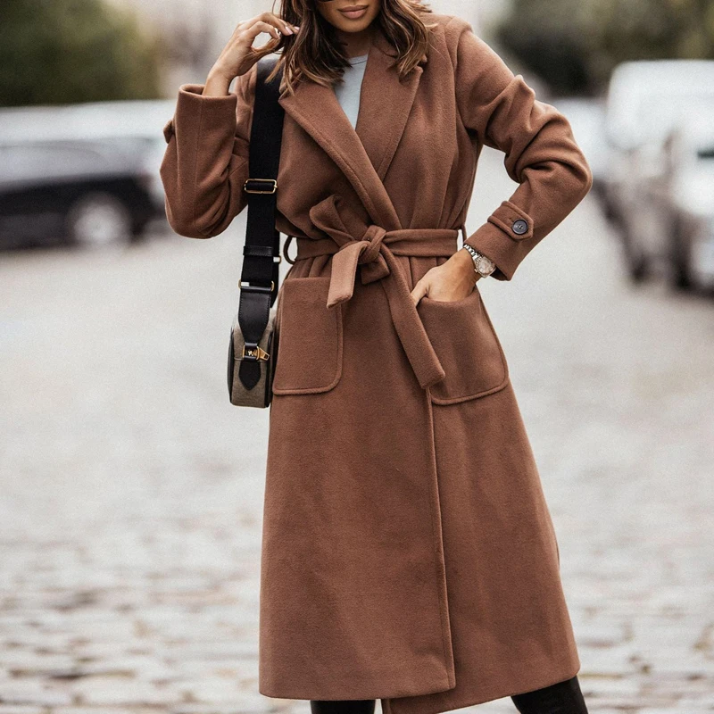 

Elegant Solid Woolen Overcoats Women Fashion Pockets Lace-up Belted Long Coats 2022 Autumn Winter Office Ladies Trend Outerwear