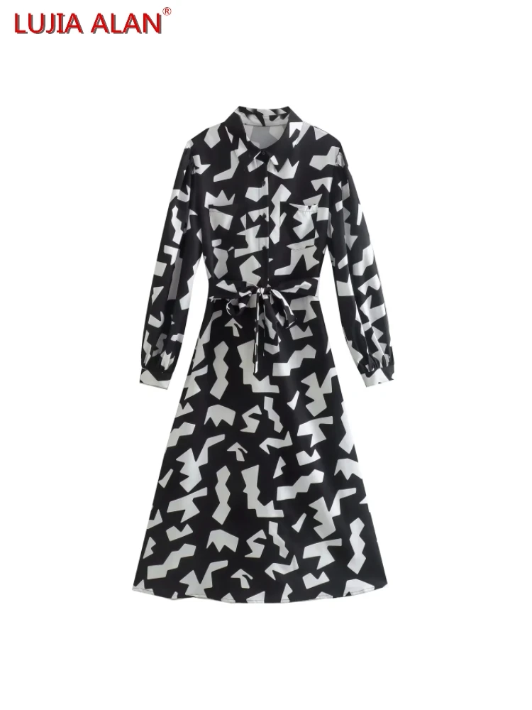 

New Women's Double Pockets Belt Long Sleeve Casual Loose Black White Printed Midi Dress LUJIA ALAN WD867