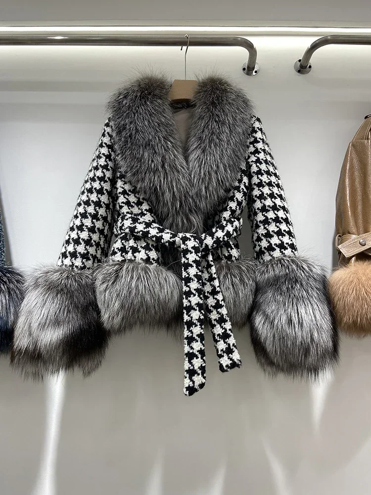 

2023 Women Winter Short Knitted Natural Gold Silver Real Fox Fur Collar Long Sleeve Warm Fashion Belt Slim Overcoat Jacket