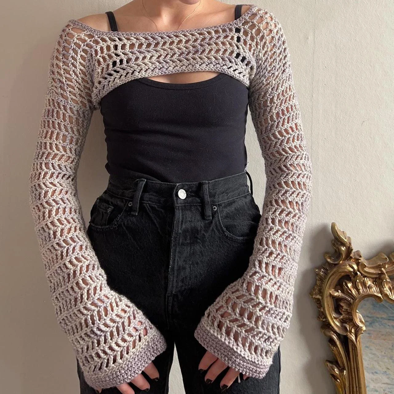 

Y2k Hollow Out Crop Tops Crochet Net Short Pullovers Women Knit Long Sleeve Streetwear Aesthetic Cover Up T-Shirts