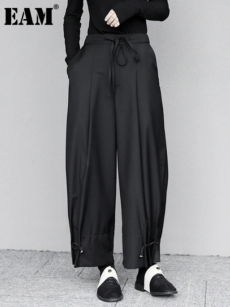 

[EAM] High Elastic Waist Long Black Pleated Wide Leg Trousers New Loose Fit Pants Women Fashion Tide Spring Autumn 2022 1DD5521