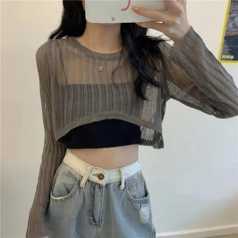 

Women O-neck Hollow Out Sun Shading Summer Crop Tops Streetwear Girl Elegant Sexy Loose Korean Style Trendy Solid Shawls