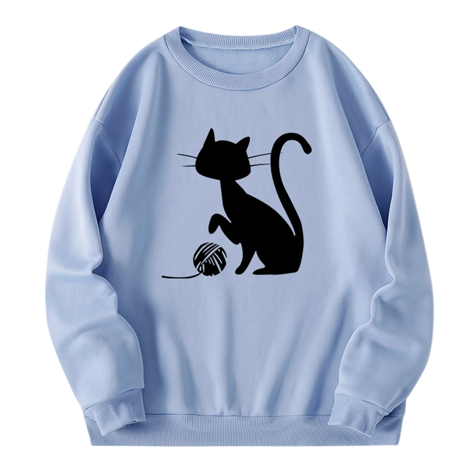 

Hoodies Sweatshirts Woman Fashion Women's Black Cat Print O Neck Long-sleeve Hooded Sweatshirt Cute Hoody Casual Tops Pullover