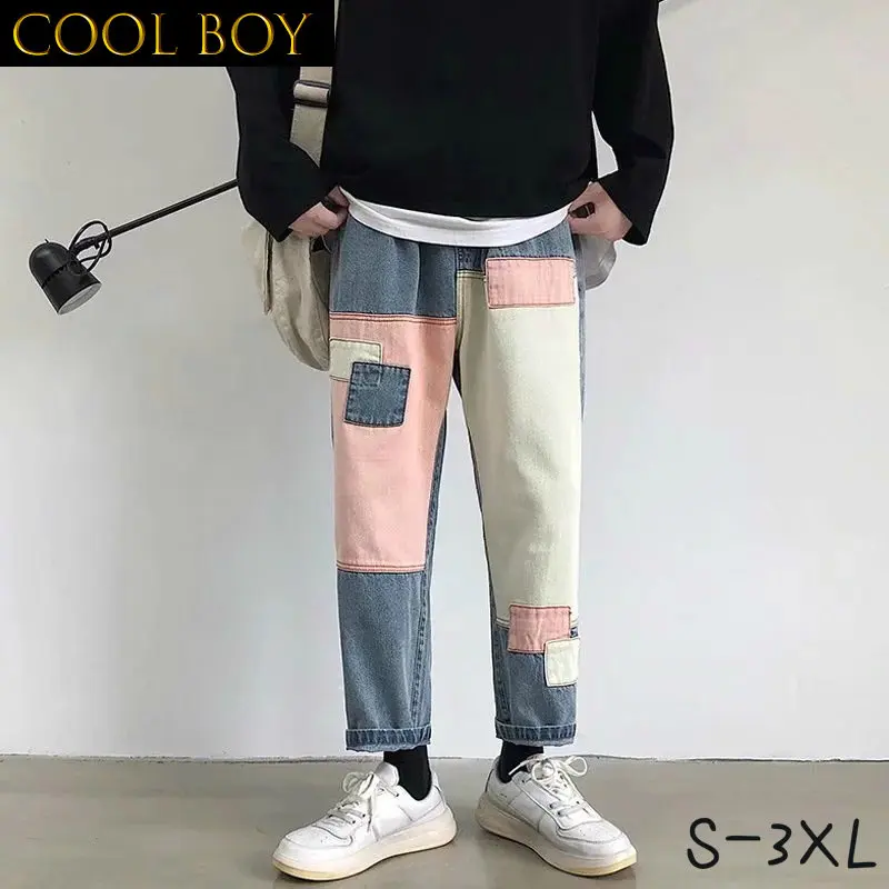 

Джинсы E BOY мужские прямые на шнуровке, шикарные джинсы в стиле пэчворк до щиколотки, прямые свободные брюки контрастных цветов в японском стиле, большие размеры 3XL