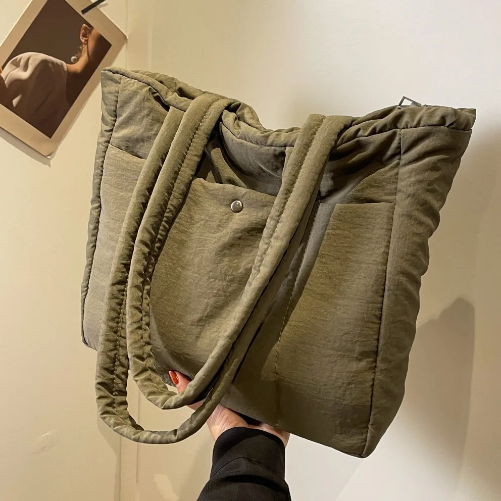 

Women Fashion Simplicity Handbag Korean Winter Vintage Cotton Jacket Commute Bag Nylon Single Shoulder Bag Big Capacity Tote Bag