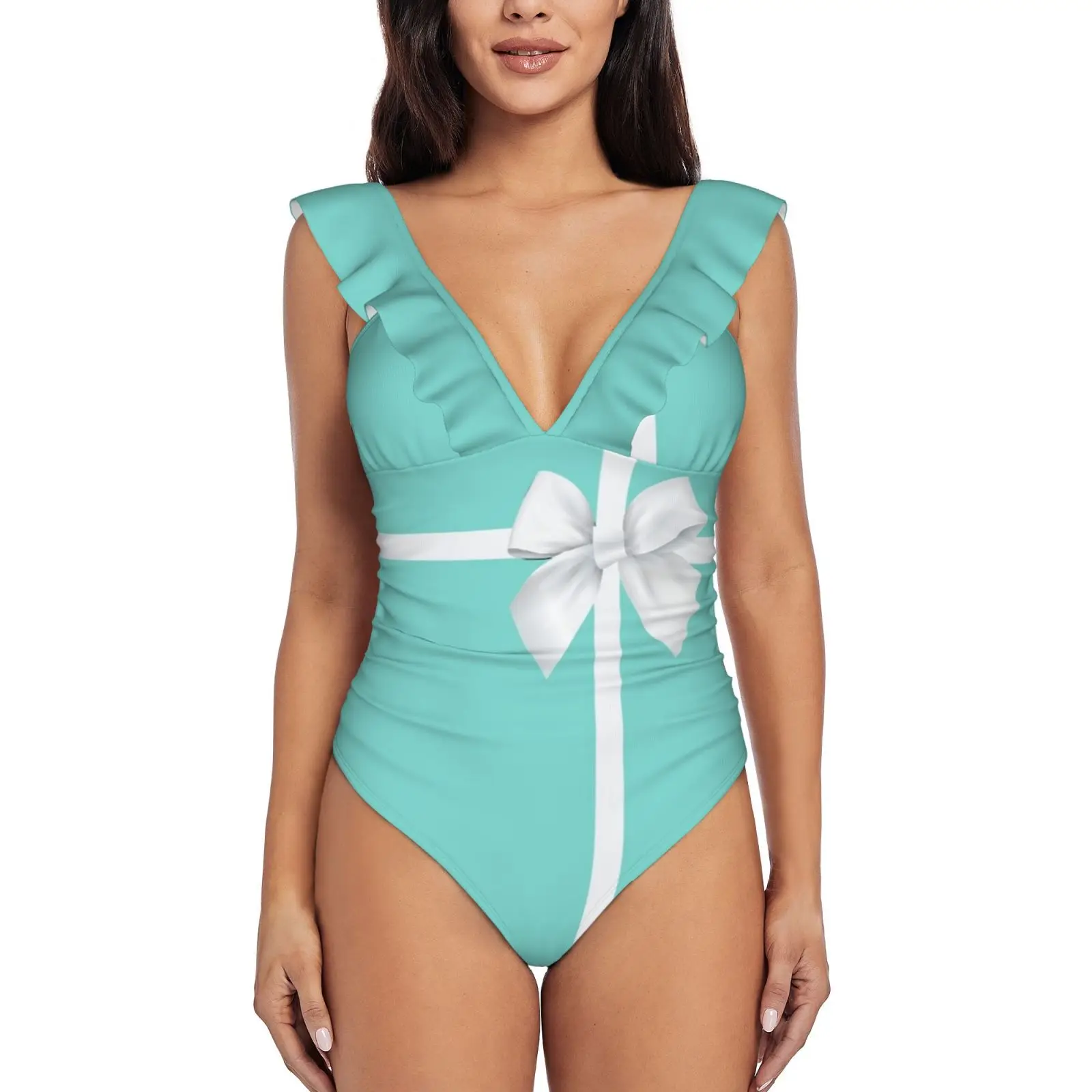 Blue Gift Box White Bow Women Ruffle One Piece Swimsuit Sexy Bodysuit Monokini Swimwear Bathing Suit Aqua Teal Co S Blue Chic