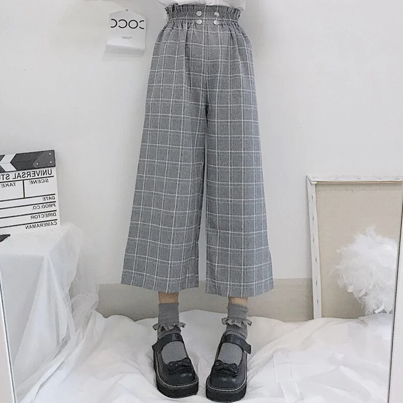 

Брюки женские прямые клетчатые до щиколотки с высокой талией, модные милые шикарные универсальные свободные уличные штаны в Корейском стиле