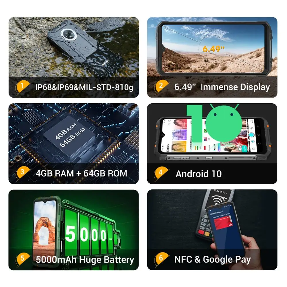OUKITEL WP8 Pro 4GB 64GB 5000mAh NFC IP68 Rugged Sports Mobile Phone 6.49'' Fingerprint Android 10 16MP Triple Camera Octa Core
