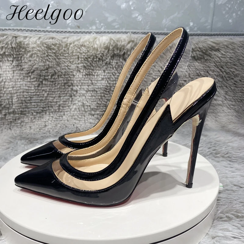 

Heelgoo Partchwork Transparent Women Pointy Toe Slingback High Heel Shoes Sexy Ladies Chic Stiletto Pumps Black White Size 33-45