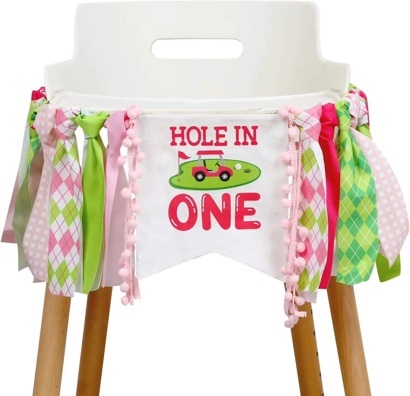 

Hole in One Birthday Decorations Girls - High Chair Banner, Pink and Green Golf Outdoor Sports Theme 1st Birthday Party Supplies