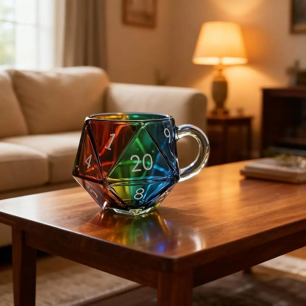 Фото Прозрачная стеклянная кружка Rainbow D20 с ручкой, многогранные кости в стиле фэнтези, кофейная чашка, игровая кружка для любителей ролевых игр №3