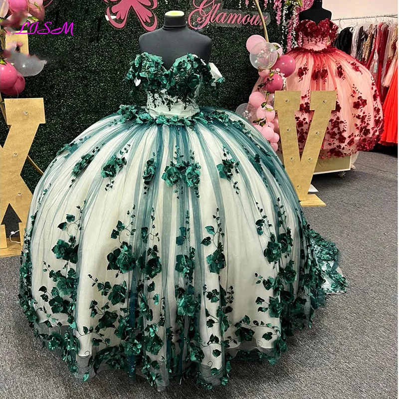 

Emerald Green 3D Flowers Ball Gown Quinceanera Dresses Off The Shoulder Floral Appliques Beads Corset For Sweet 15 Girls Party