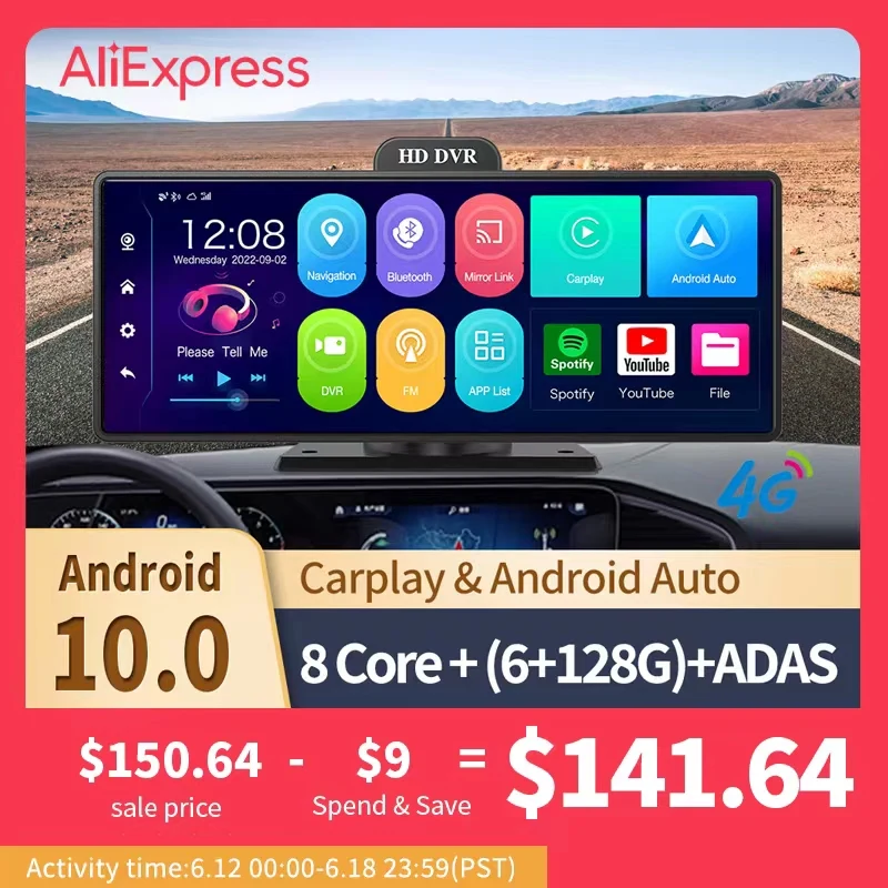 Видеорегистратор 4G, 10,26 дюйма, Android 10,0, 6 + 128 ГБ, 8 ядер, ADAS, wi-fi, GPS, FM, 24-часовой монитор парковки, зеркало заднего вида, видеорегистратор