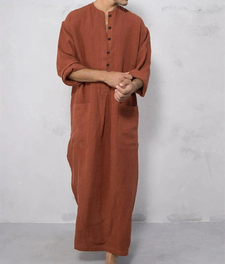 

Men's Full Sleeve Stand Collar Long Robe Muslim Fashion Jubba Thobe Kaftan Abayas Islamic Clothing Pockets Button Arabic Dress