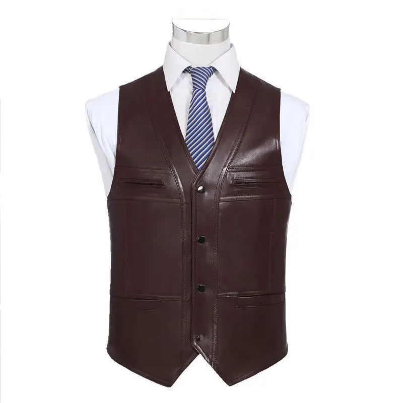 2023 New Winter Genuine Leather Vest Men's Solid Color Waistcoat Male Motorcycle Coat New Warm Sleeveless Jacket Clothing M16