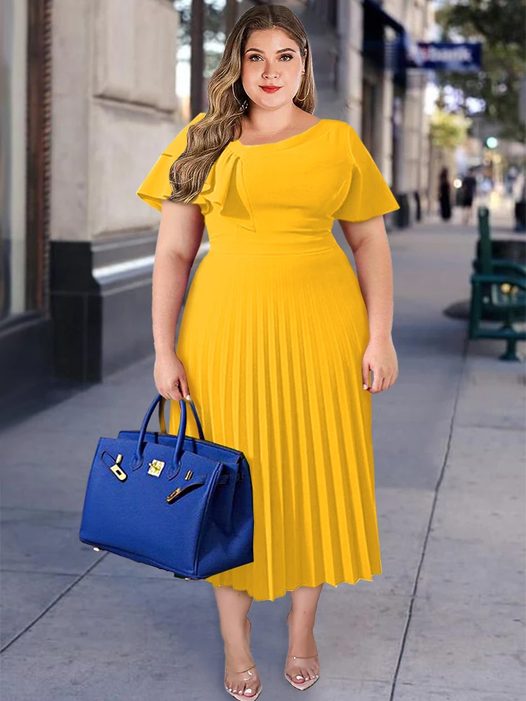 

Plus Size Pleated Midi Dresses Women Short Sleeve Ruffles Elegant Yellow Fit and Flare Summer Fashion Robes Going Out Party 2023