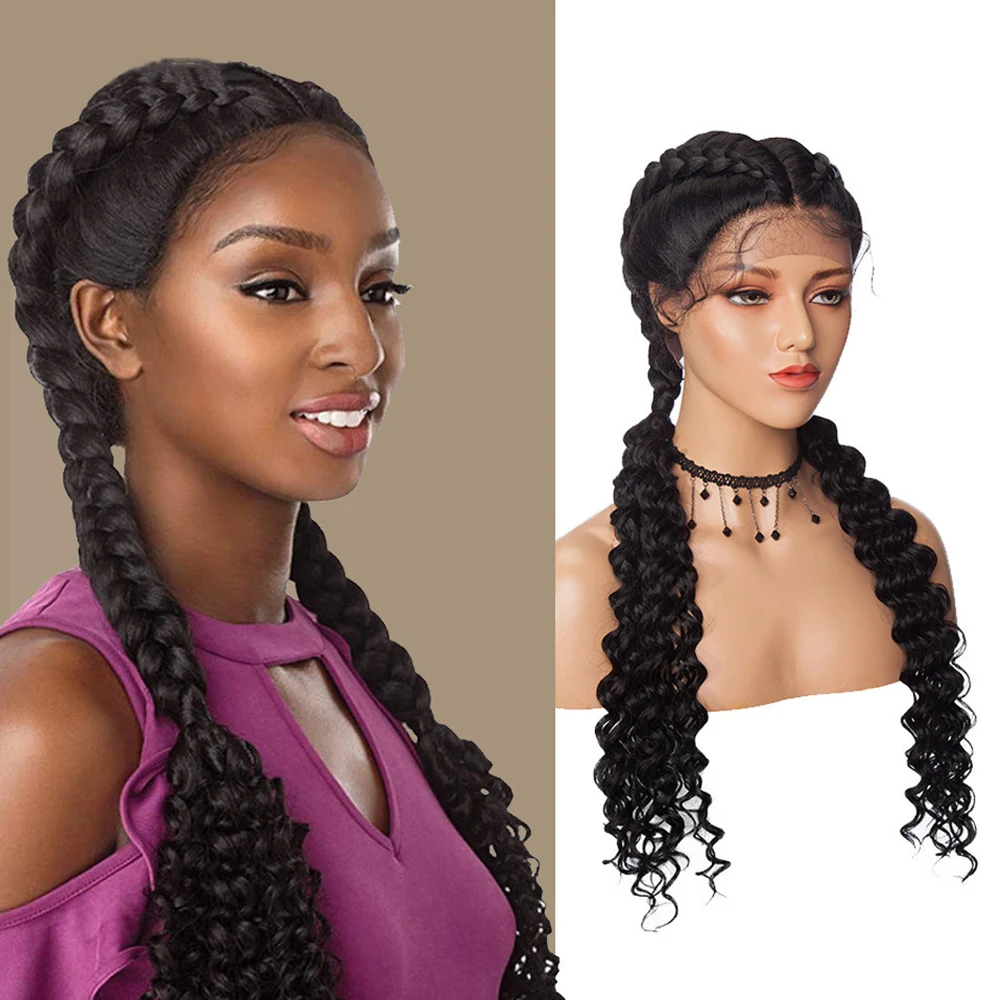 24 Inches Braided Lace Front Wig Synthetic Wigs for Black Women Lace Wigs with Baby Hair Box Braid Wig with Curly Afro Wigs