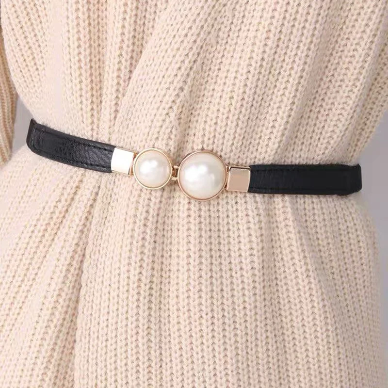 

Europe And The United States Wind Temperament Retro Pearl Pair Buckle Thin Belt Women's Dress Elastic Elastic Belt