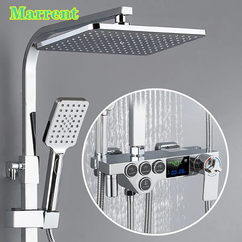 

Brass Digital Bathroom Shower System Hot Cold Bathroom Mixer Faucets Tap Wall Mounted Polished Chrome Thermostatic Shower Set