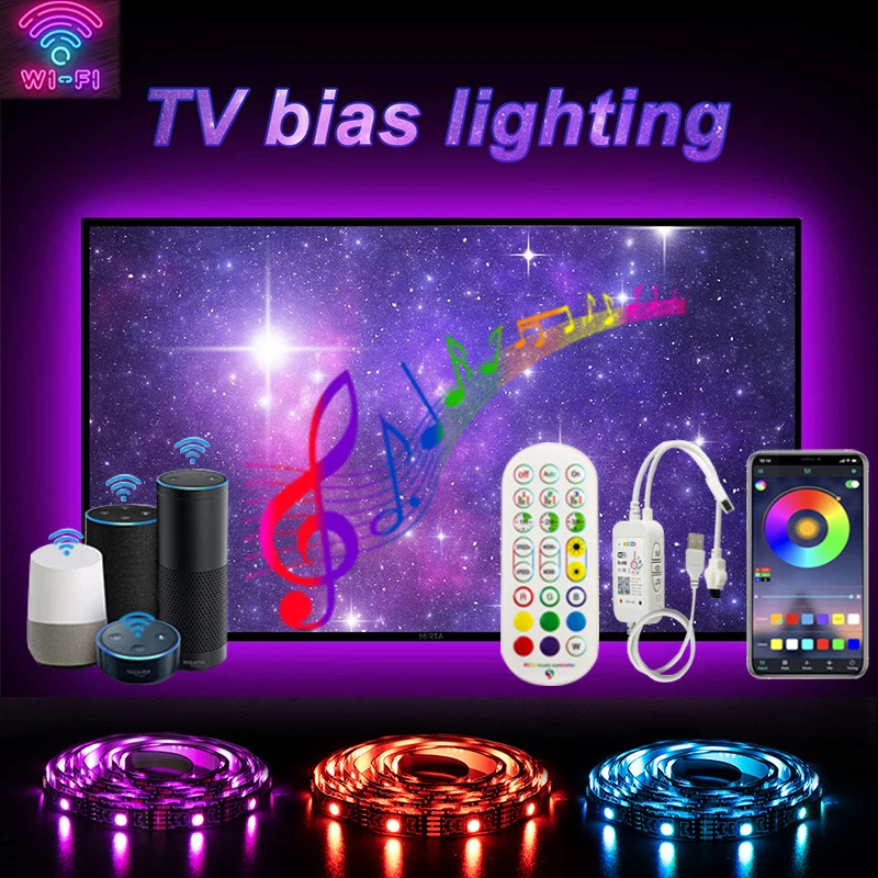 

Светодиодная лента с поддержкой Wi-Fi и синхронизацией музыки, лента RGB для телевизора с USB, светодиодная лента для телевизора 5050, светодиодная...