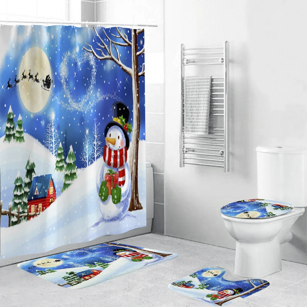 

Jolly Snowman Christma Shower Curtain Set Under Full Moon Santa Claus Reindeer Sleigh Xmas Bath Curtains Rug Toilet Lid Bath Mat