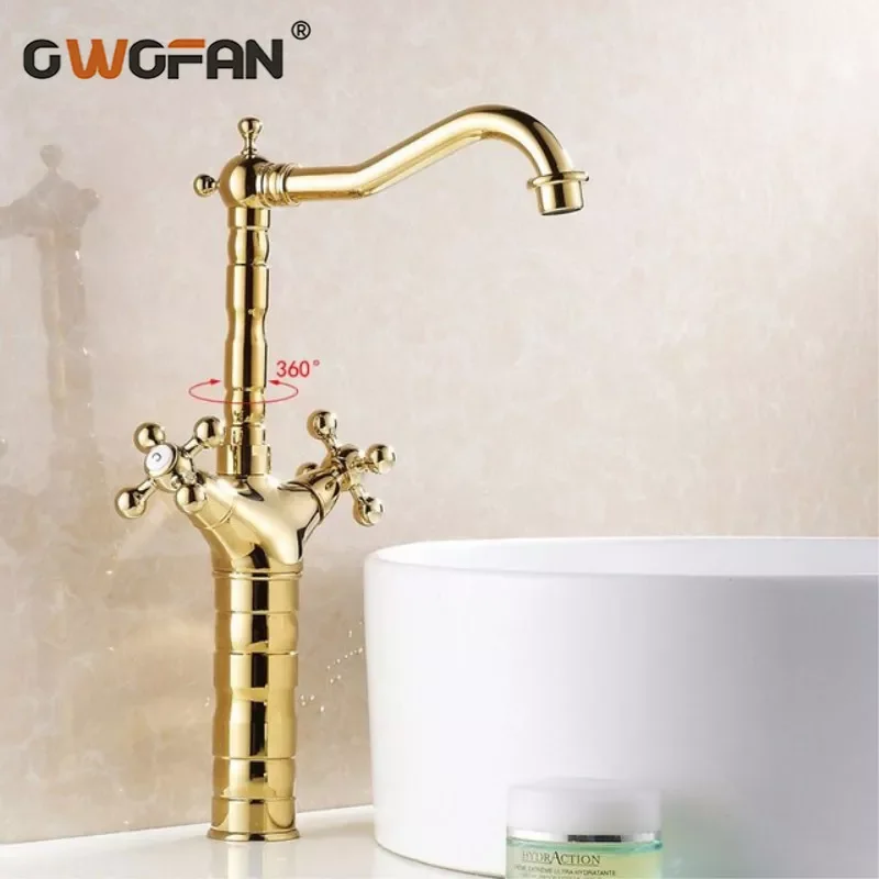 

Bathroom Antique Basin Faucets High Arch Dual Cross Handle Gold Faucet Deck Mounted Mixer Water Tap Bathroom Sink Taps HJ-6712