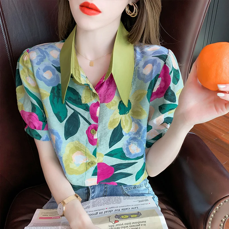 

Chiffon Women's Blouse Floral Printing Shirt Summer Short Sleeve Casual Loose Top Large Size New 2022 Korean Style Clothing