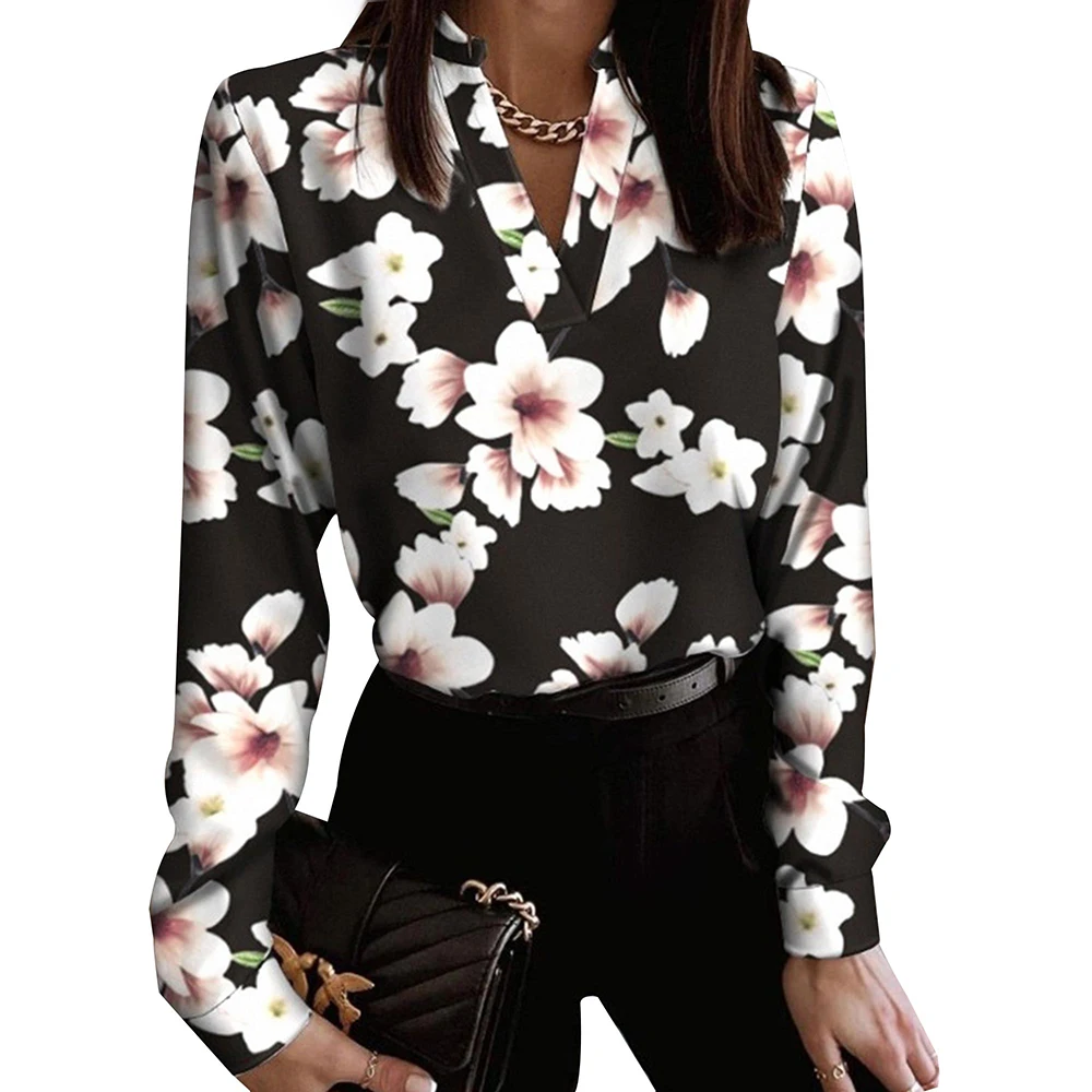 

Chain Printed Women V-neck Long Sleeve OL Tops Blouses