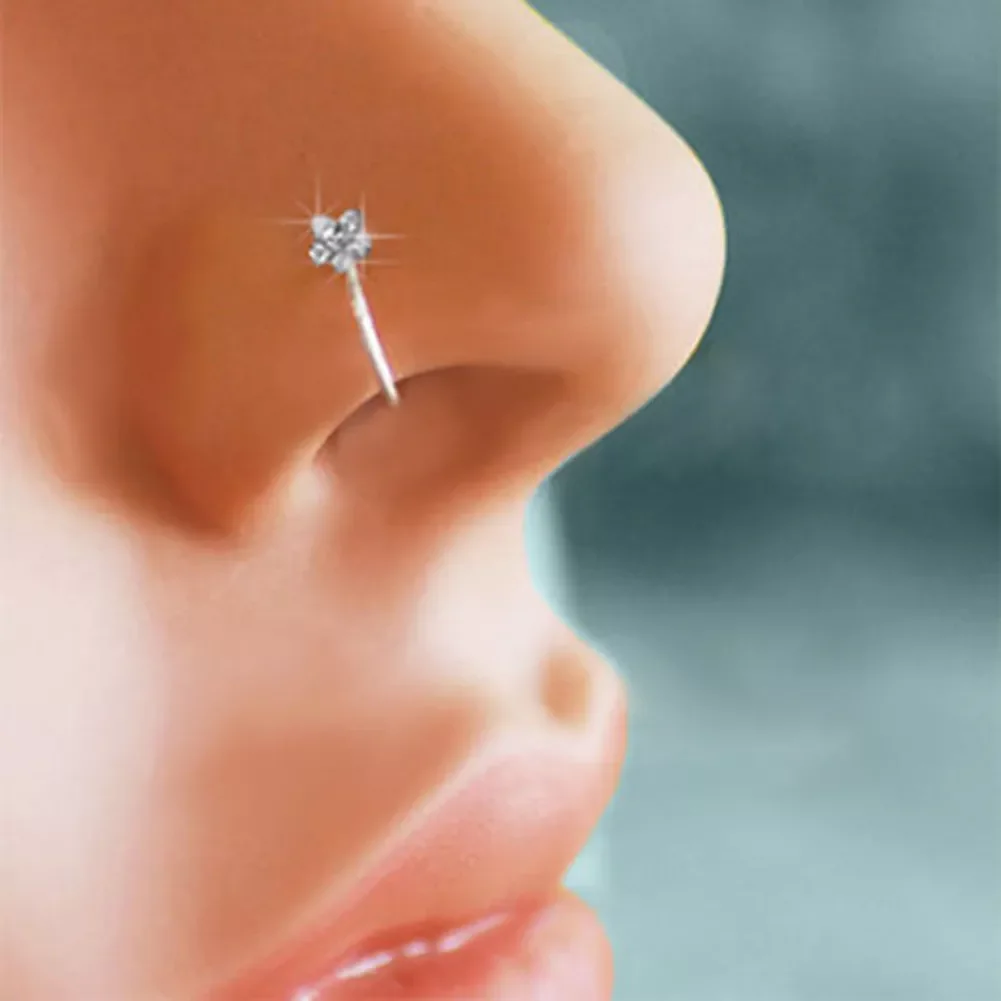 

Plum Flower Rhinestone Nose Stud Hoop Sparkly Nose Ring Body Piercing