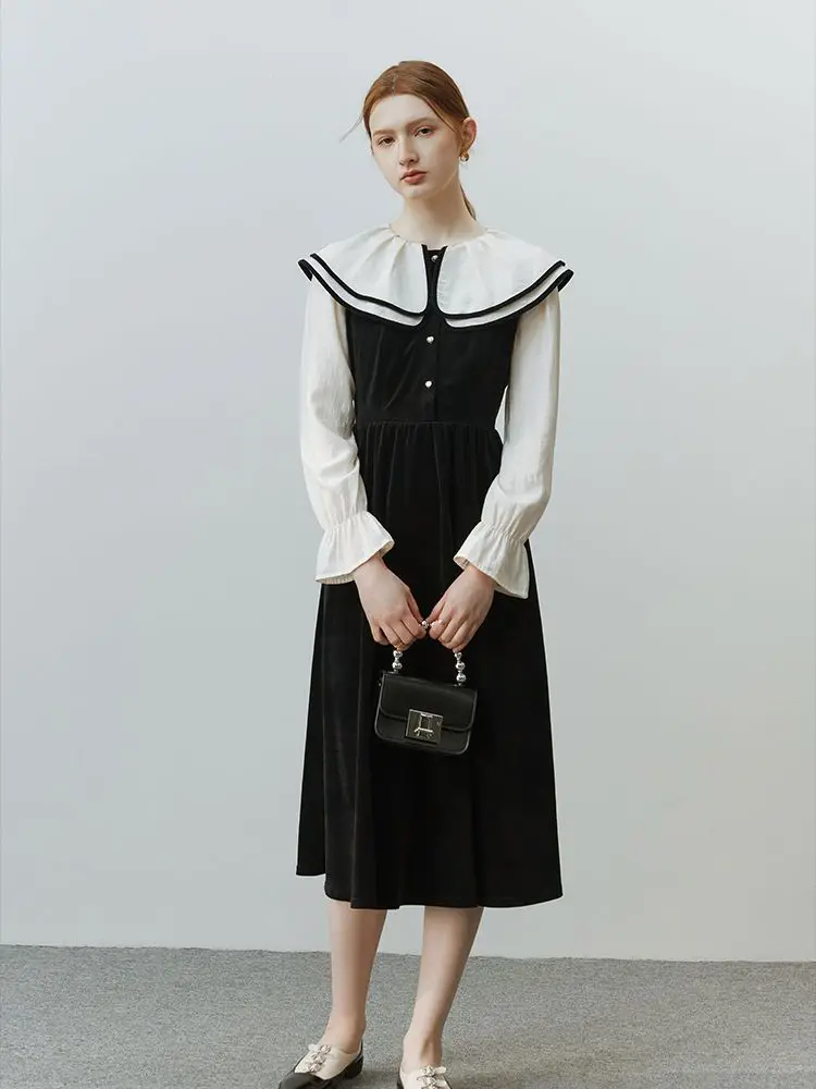 

Повседневное милое платье с воротником «Питер Пэн», платье-трапеция с длинным рукавом до середины икры, черное элегантное винтажное лоскутное платье в Корейском стиле