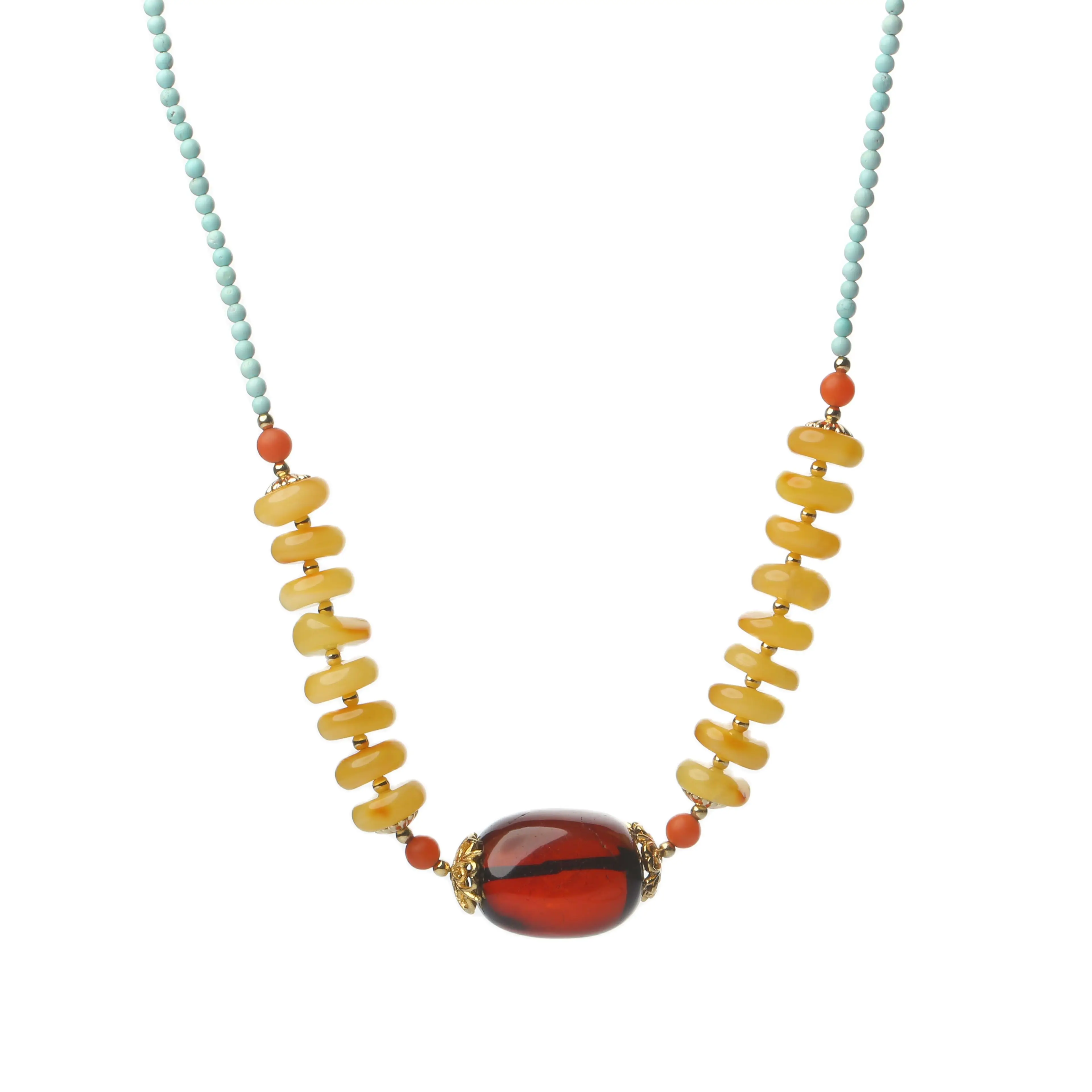 

CYG Natural Beeswax Blood Amber Pendant Turquoise Birthstone For December Beaded Necklace For Women Sweater Chain Free Shipping