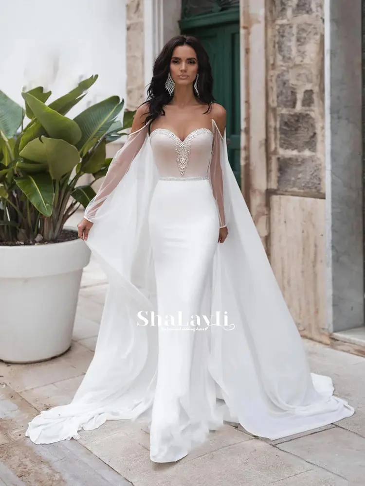 

Wedding dress Mermaid wedding dress chiffon white tailing wedding gown backless sink shoulders long sleeve shawl