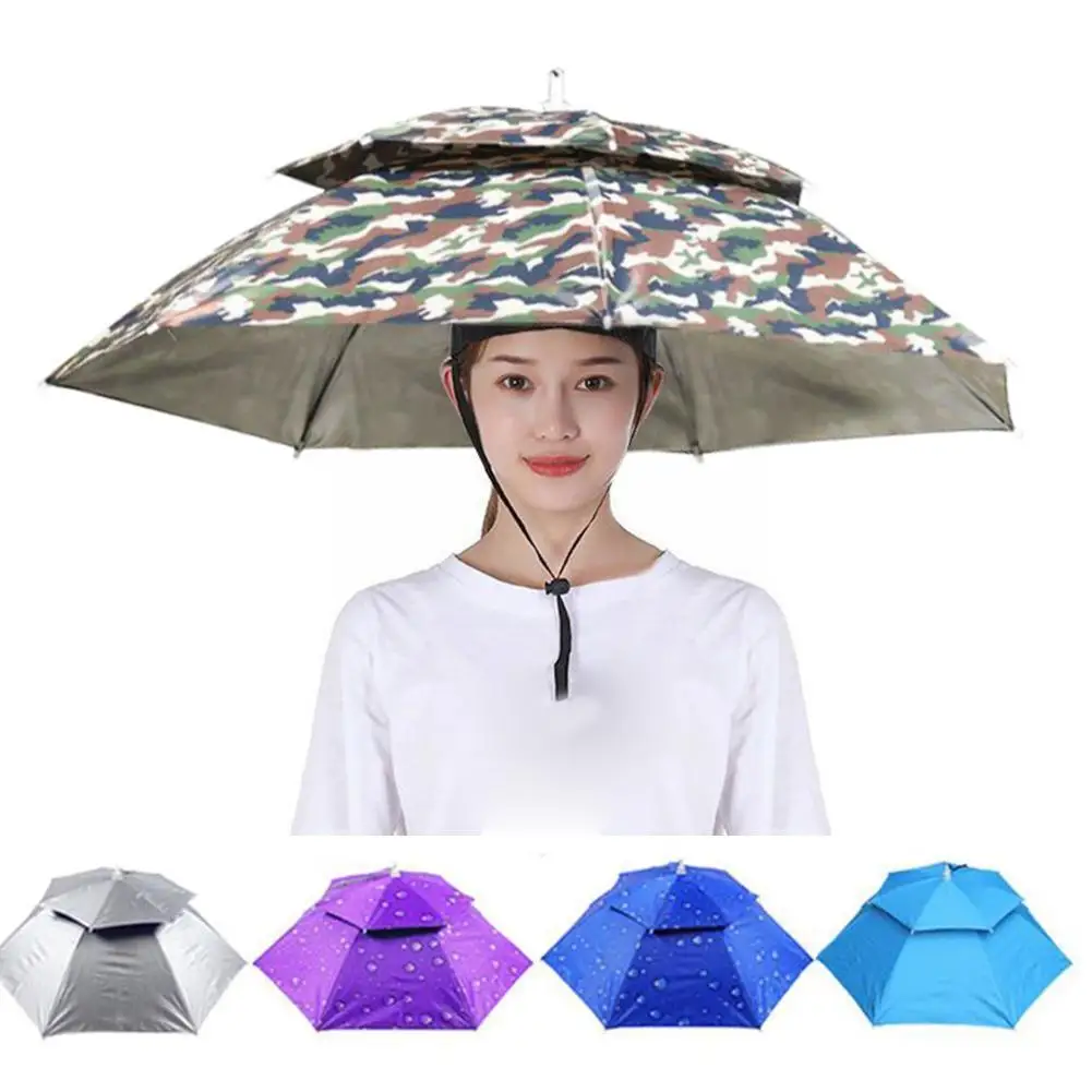 Fishing Umbrella Hat Double-layer Head-mounted Umbrella Hat Windproof Outdoor Sunshade And Rainproof Overhead Umbrella Fold U9U7 enlarge