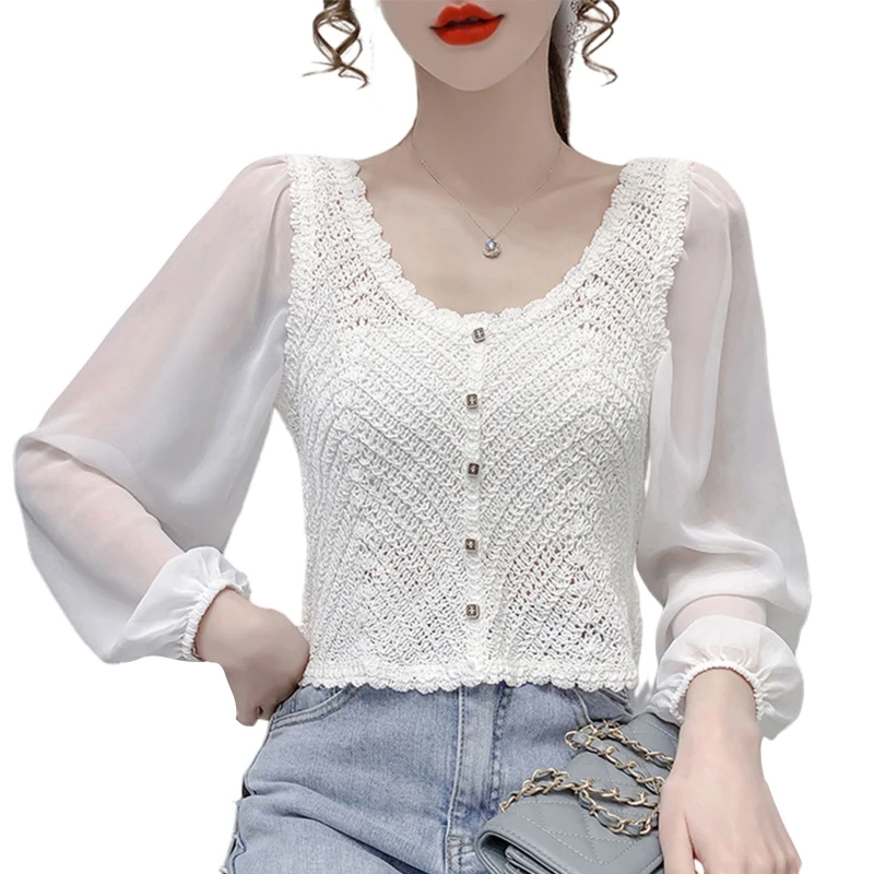 2023 Новый женский французский шифоновый укороченный кардиган с длинными рукавами