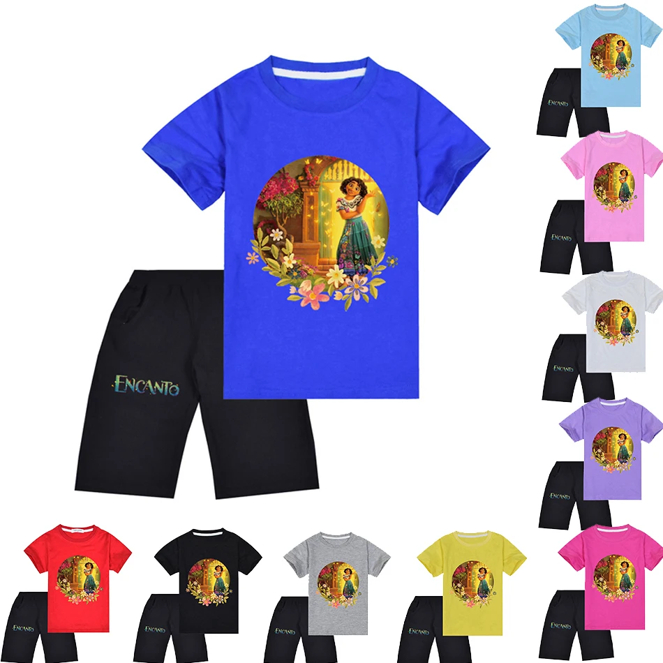 

Boys And Girls Summer Pullover Short Sleeve Disney Encanto Printed Clothes Top And Pants Two-Piece Set Kid's Fashion Casual Wear