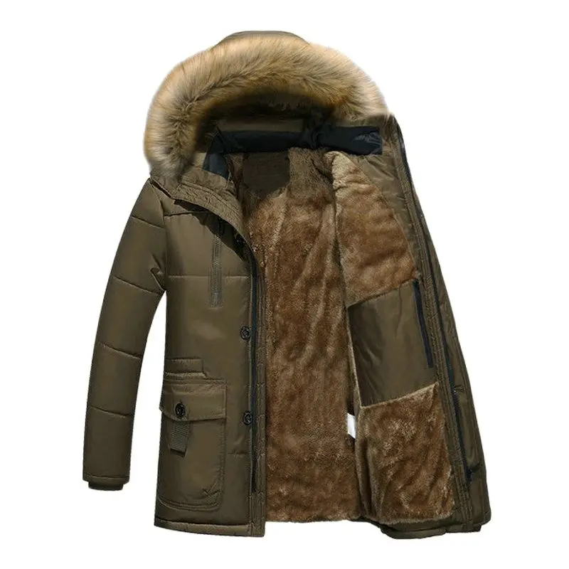 Thick Warm Parka Men Fleece Fur Hood Men Winter Jacket Coat Military Cargo Medium-long Mens Overcoat
