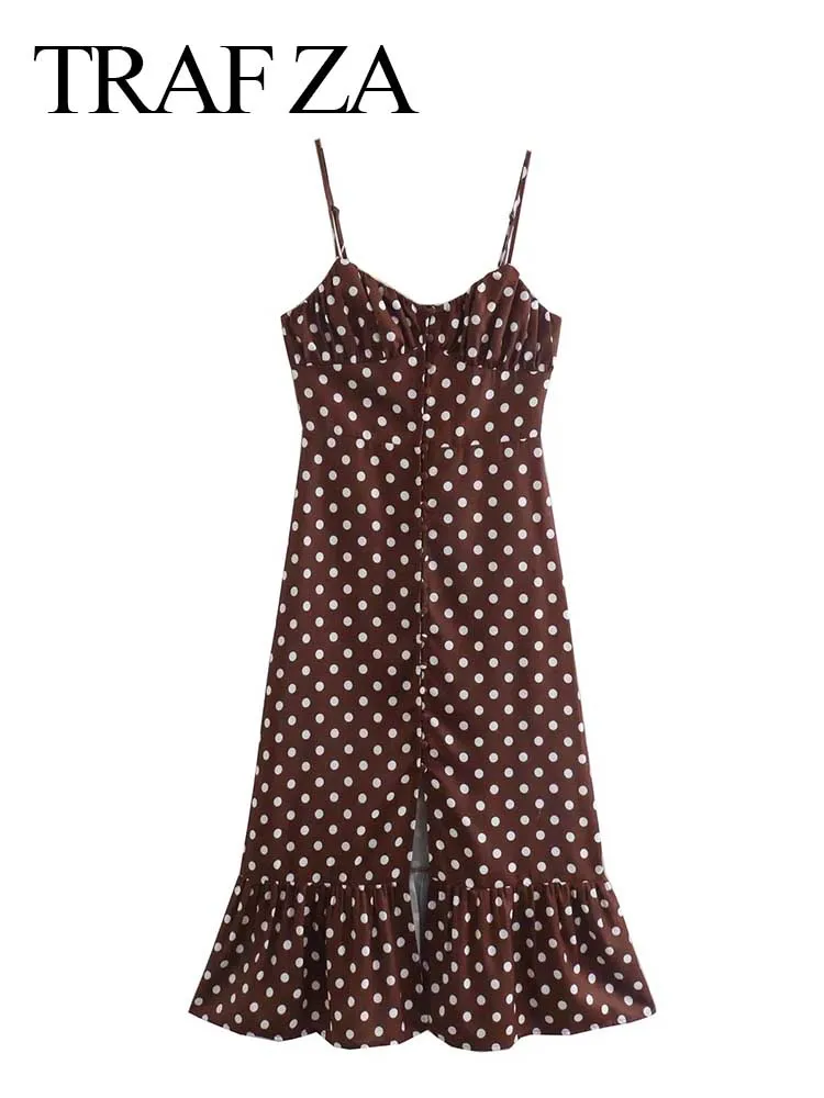 

TRAF ZA Pop Retro Elements Polka Dot Brown Elegant Lady Sling Dress Single Breasted Sleeveless Ruffle Hem Slit Women's Dress